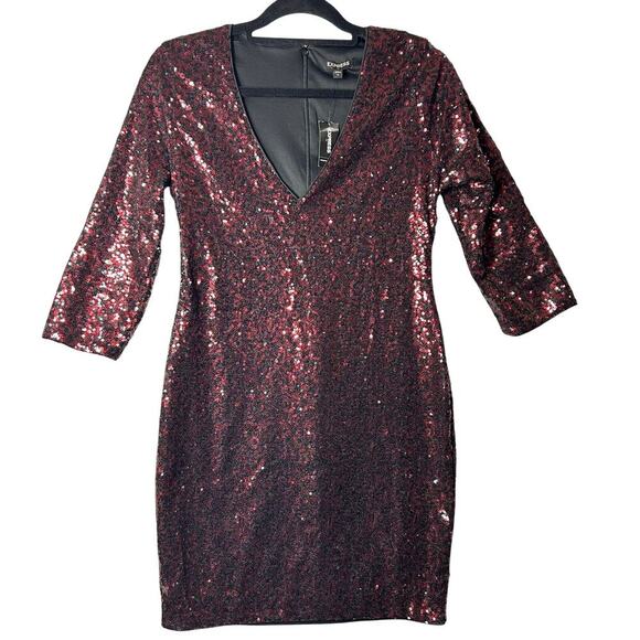 Express Dress Womens 6 Black Red V Neck 3/4 Sleeve Sequin Sparkle Prom Party NEW - Picture 1 of 10